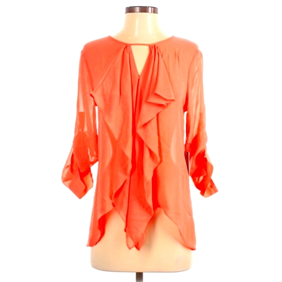Jennifer Lopez, NWT, Hot Coral, Semi-Sheer, Ruffle Front Blouse, Size XS - Picture 11 of 13